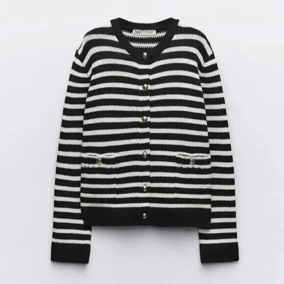 Zara Womens Cardigan Sweater Size L Black White Striped Gold Button 3991/124 NWT - Picture 3 of 9
